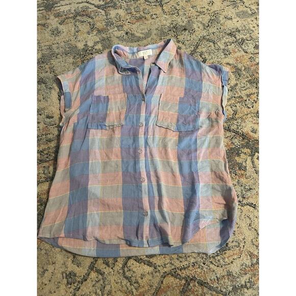 KUT From The Kloth Plaid Button Down Shirt L Sleeveless Pastel Summer Top - Picture 1 of 5